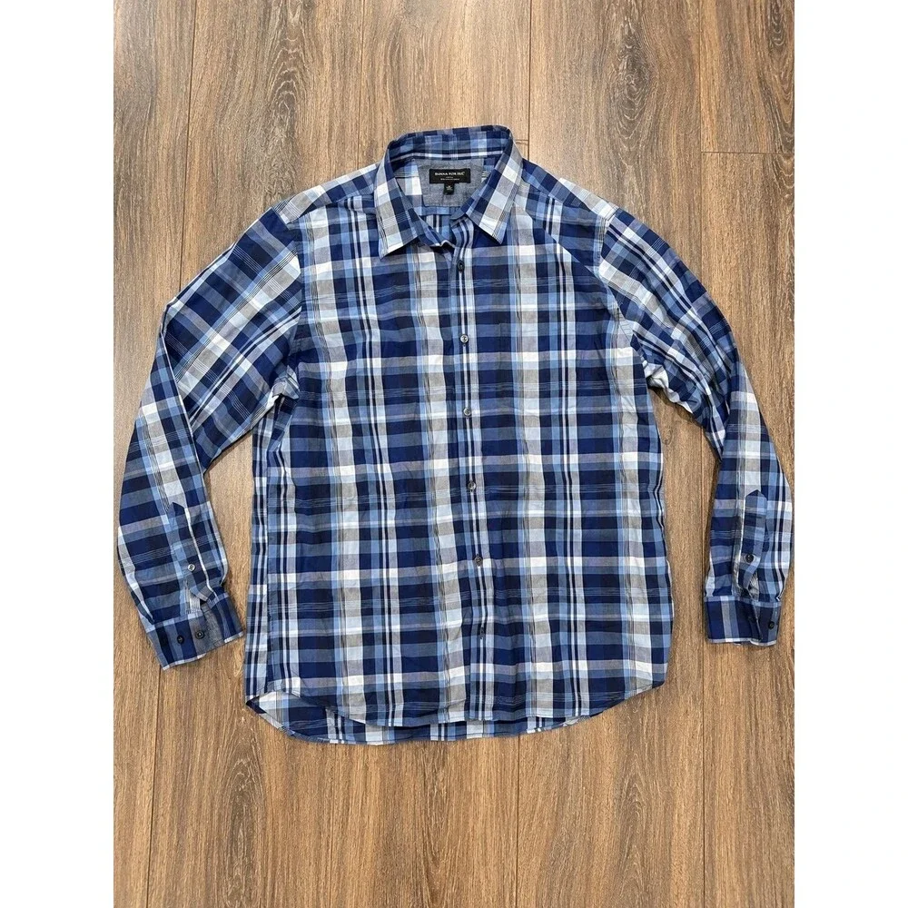 Banana Republic Mens XL Blue Plaid Soft Wash Slim Fit Long Sleeve Button Shirt